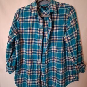 Lands' End Teal Plaid Button-Up Shirt